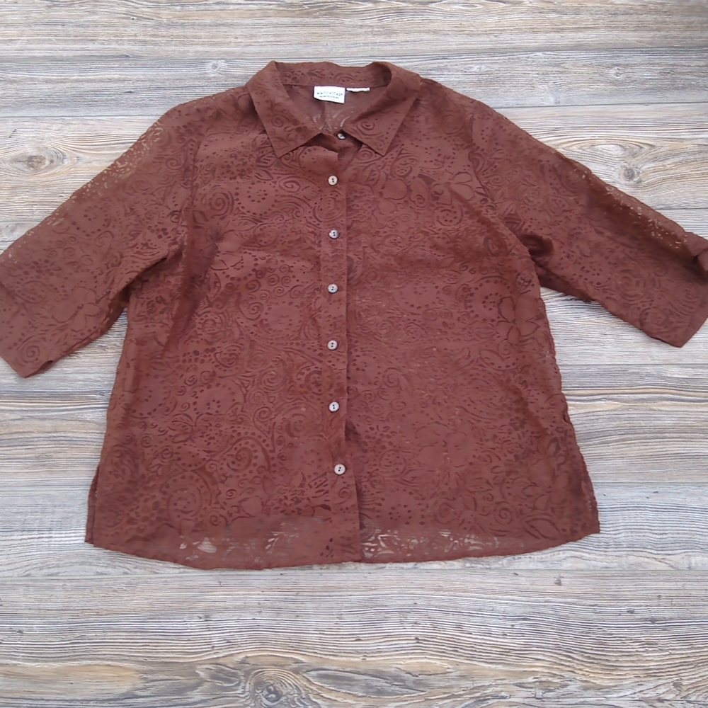 Brown Patterned Semi Sheer Button Down Front Blou… - image 1